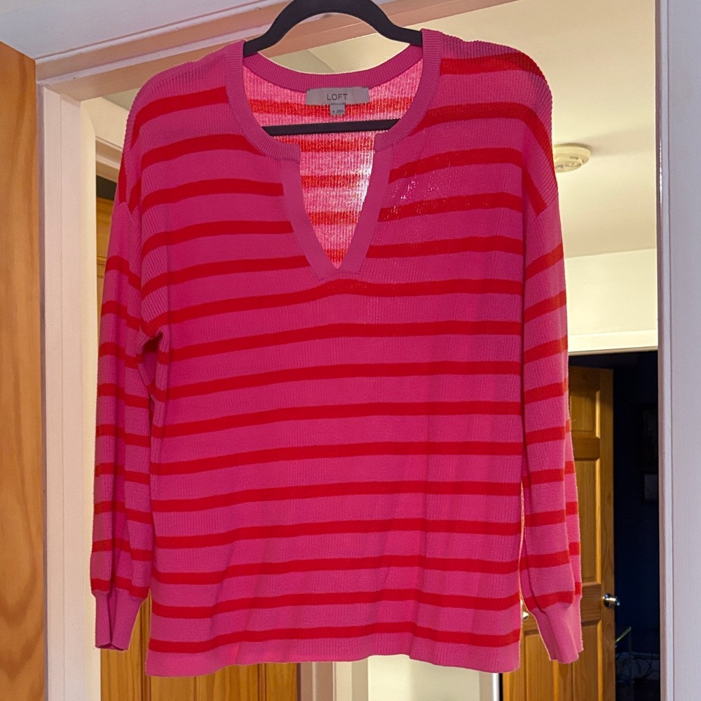 LOFT Pink Striped V-Neck Sweater